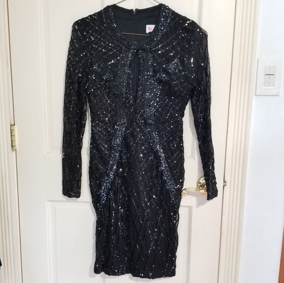 NWT L'ATISTE Black Sequin Long Sleeve Cocktail Dress womens size Small (332) - Picture 5 of 13